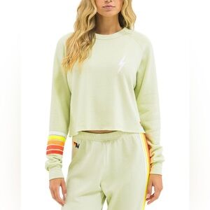 AVIATOR NATION BOLT RUGBY STITCH CROPPED CREW - LIME CREAM /WHITE NEON $175 MSRP